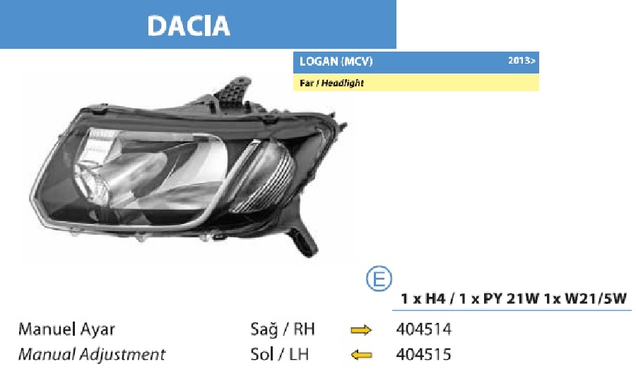 DACIA LOGAN SANDERO (2013…) FAR SOL 260601236R260609872R260605211R