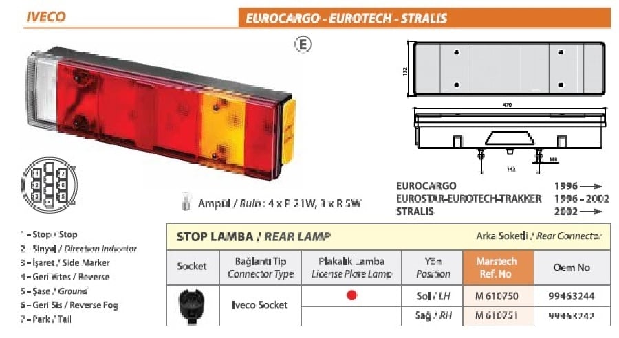 IVECO EUROCARGOEUROSTARSTRALIS STOP LAMBA / PLAKALI / IVECO SOKET SOKETLI