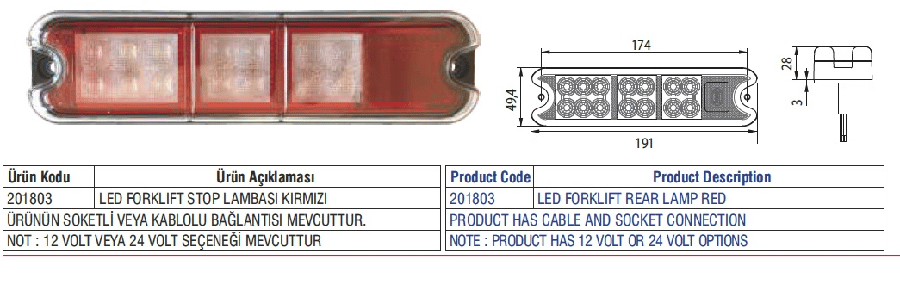 LED FORKLIFT STOP LAMBASI 4 FONKSIYONLU