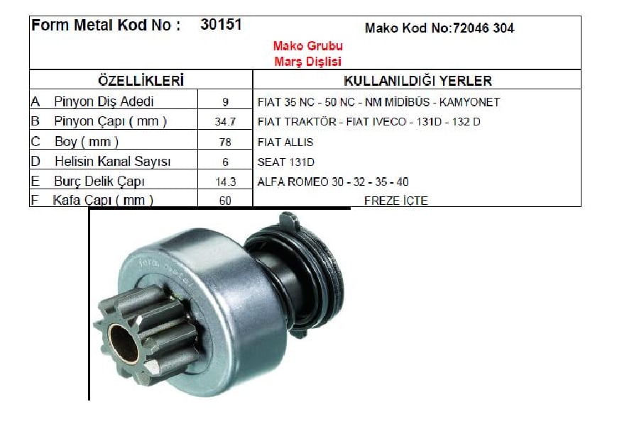 MARS DISLISI 9D 6K IF CATALSIZ  FIAT TRAKTOR ALFA ROMEOFIAT IVECO DAILY 35NC50NC EM