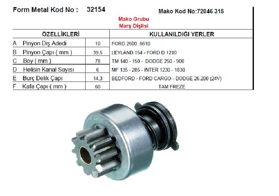 MARS DISLISI CATALSIZ 10D6KDF>CHRYSLER/CARGO/MF /BEDFORD/INTER YM