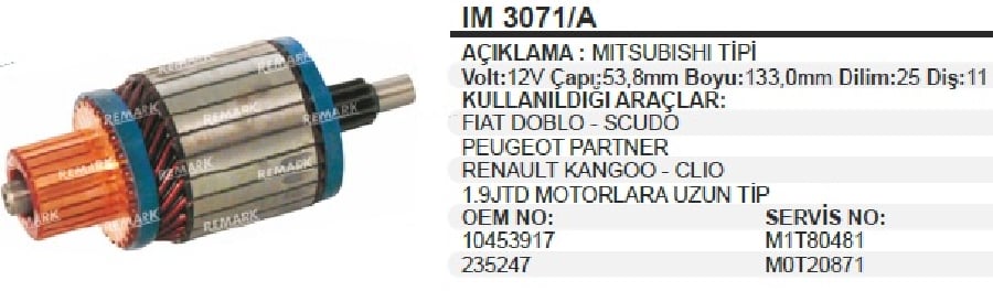 MARS KOLL 12V MIT TIPI FIAT DOBLOSCUDO/PEUGEOT PARTNER/RENAULT KANGOCLIO 19 JTD MOTORLARA UZUN T