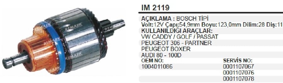 MARS KOLL BOSCH TIP 12V VW CADDY GOLF PASSAT PEUGEOT 306 PARTNER BOXER AUDI 80100D 28 DILIM 11 DIS