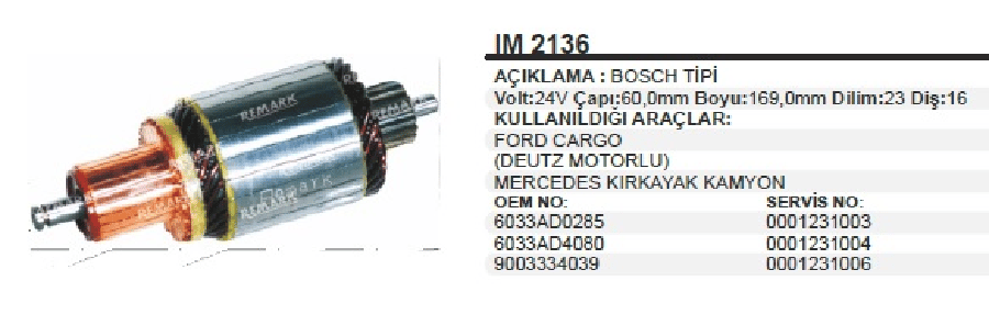 MARS KOLL BOSCH TIP 24V MERCEDES BENZ KIRK AYAK KAMYON ATEGO AXOR FORD CARGO OTOKAR SULTAN 32263227 DEUTZ MOTORL