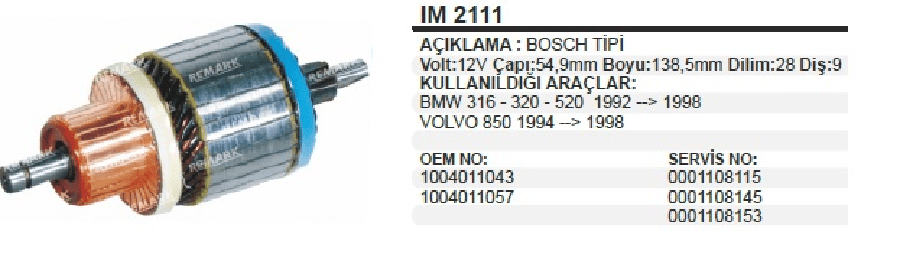 MARS KOLL BOSCH TIPI 12V BMW 316 / 320 / 520 (9298) / VOLVO 850 (9498) BOY:138 CAP:55 DIS:9 DI