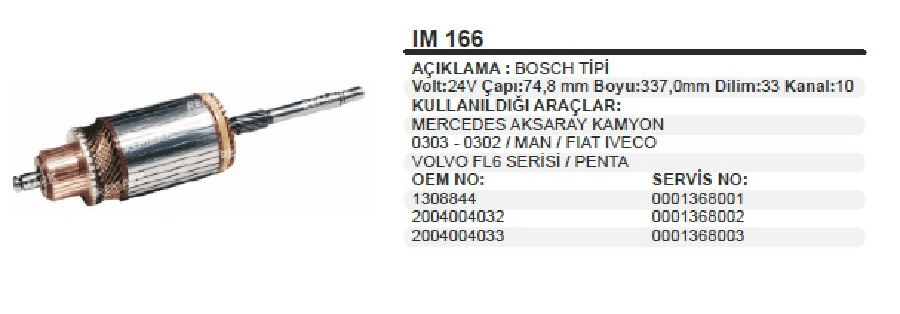 MARS KOLL BOSCH TIPI 24V  MERCEDES KAMYON KISA FREZE BOY:337 CAP:75 DILIM:33