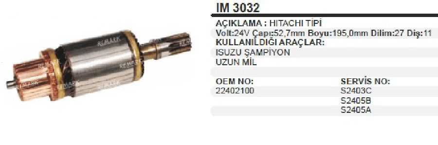 MARS KOLL HITACHI TIPI 24V  ISUZU CHAMPION UZUN BOY:195 CAP:527 DIS:11 DILIM:27  RULMANSIZ