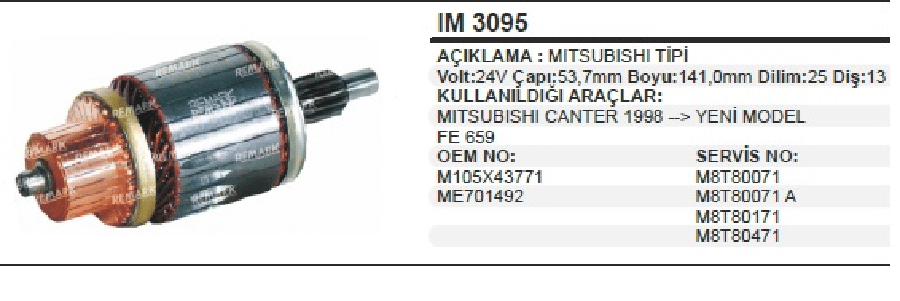 MARS KOLL MITSUBISHI TIPI 24V  MITSIBUSHI CANTER 659 YM BOY:141 CAP:537 DIS:13 DILIM:25