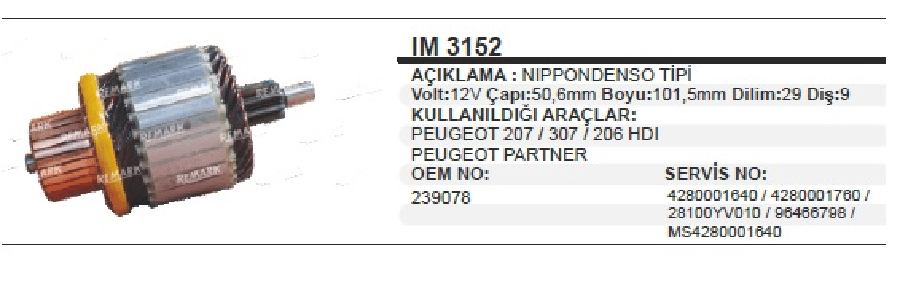 MARS KOLL NIPPON DENSO TIPI 12V IM 3152 96466798 12V PEUGEOT 206 14HDI(01>)207 14HDI16HDI(06