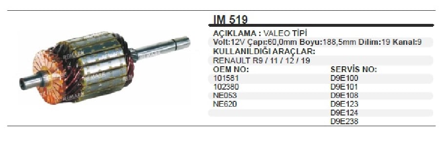 MARS KOLL VALEO TIP 12VRENAULT 9  11  12  19 19 DILIM 9 KANAL CAP 60 mm UZUNLUK 1885 mm