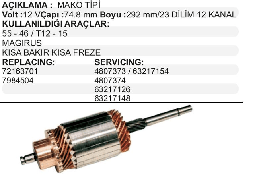 MARS KOLLMARELLI TIPI KBKF 12V>FORD TRANSIT T15/TM30/FIAT 55;46 YM/ MAGIRUSMF 135/240STEYR BOY:292 CAP:748 DIS: DILIM:23