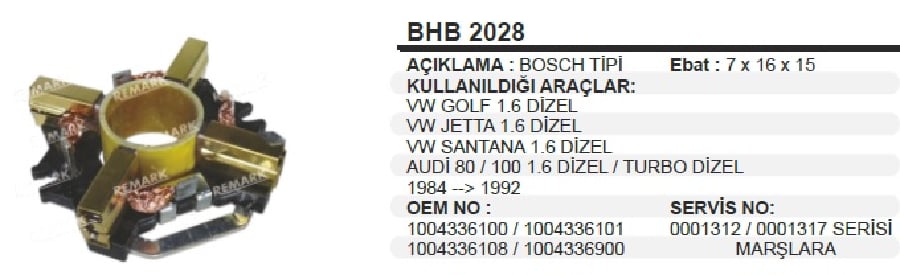 MARS KOMUR YUV 12V BOSCH TIPI VW GOLF JETTA SANTANA 16  AUDI 80100 16 TURBO DIZEL 1984>1992