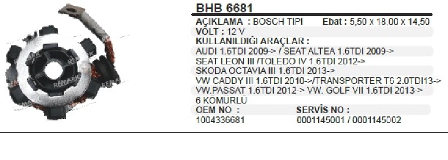 MARS KOMUR YUV BOSCH TIPI  START STOP AUDI 16 TDI/SEAT ALTEA 16 TDI LEON TOLEDO 16 TDISKODA OC
