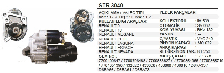 MARS MOTORU 12V 12KW 10D VALEO TIPI RENAULT CLIO 12c  MEGANE 16c  R19  LAGUNA 20c R9