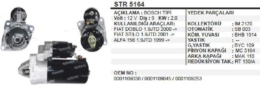 Mars Motoru 12V 20KW 9D Bosch Tipi Doblostilobravo Imarealancia Alfa Romeo 156 19JTD 99>