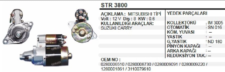 MARS MOTORU 12V 8 DIS 06 KW DENSO TIPI 0280006730  SUZUKI CARRY SK410 (GENIS GOVDE) CCW TERS DONU