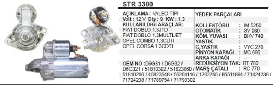 Mars Motoru 12V Valeo Tip 13KW 9D Fiat Albea 13MJET  Doblo 13 Multi Jet