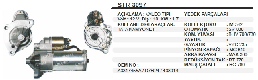 MARS MOTORU 12V10D17 KW VALEO TIPI TATA KAMYONET ( D7R24 )