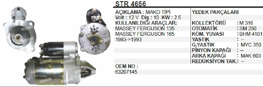 MARS MOTORU 12V10D25 KW MARELLI TIPI MF135 148 165 240 UZEL TRAKTOR SAG AGIZ