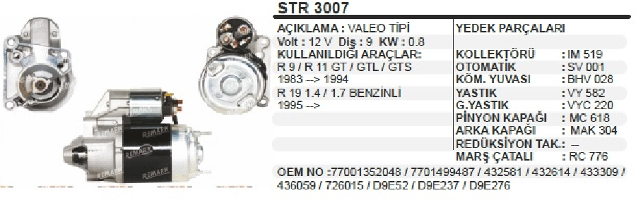 MARS MOTORU 12V9D08 KW VALEO TIPI> REN911 83>94/R19 14/17 BENZ95>