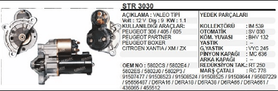MARS MOTORU 12V9D11 KW VALEO TIPI CITROEN C4 C5C8XSARA 20 PEJO 206307406407807 20I / FI