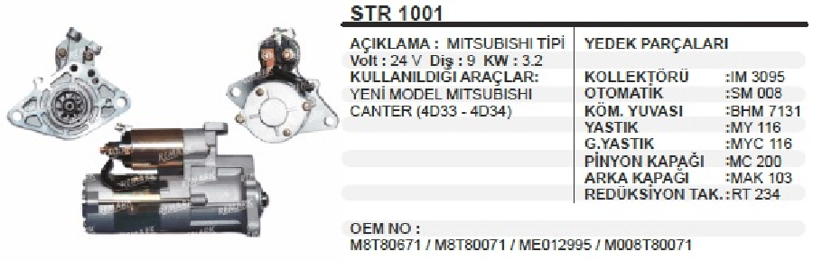 MARS MOTORU 24V9D32 KW MITTIPI YMMITSCANTER 859 F659/FUSO FE 507515649 PRESTIGE