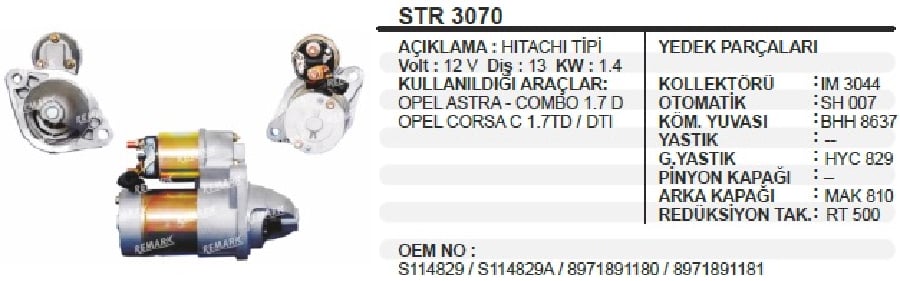 MARS MOTORU HITACHI TIPI  13 DIS 12V 14 KW OPEL ASTRAVECTRACORSA COMBO 17DTI (YM)