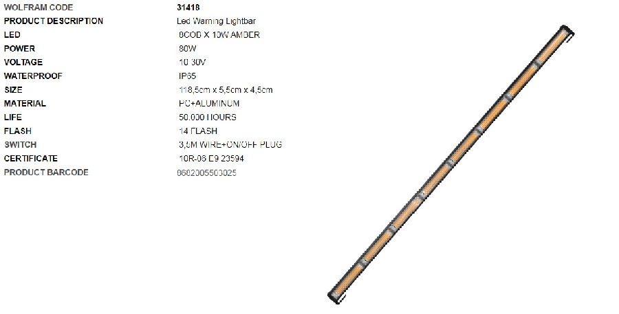 NEON LED IKAZ ISIGI 14 FONKSIYON E BELGELI 118CM 12/24V 80W E9 ( 8COB X 10W AMBER )