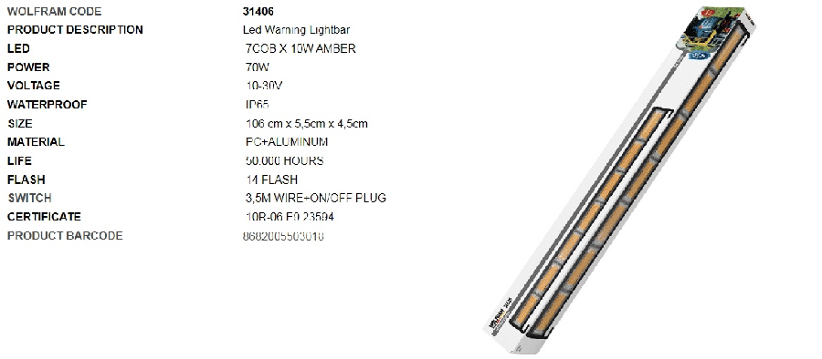 NEON LED IKAZ ISIGI 14 FONKSIYON E BELGELI 106CM 12/24V 70W E9 ( 7 COB X 10W AMBER )