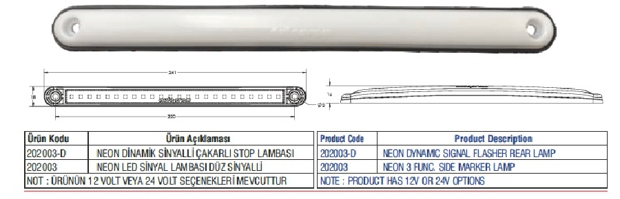 NEON LED SINYAL LAMBASI DINAMIK SINYALLI IKI FONKSIYONLU 24CM  24V