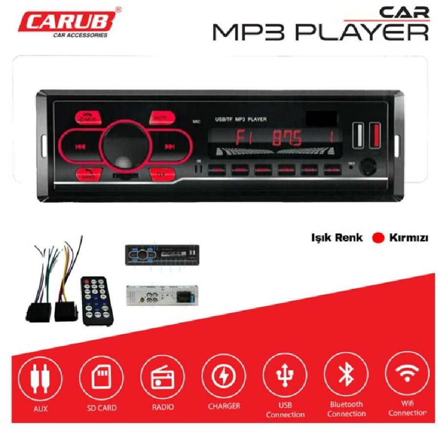 OTO TEYP RADIO MP3 SD CARD AUX USB BLUETOOTH KIRMIZI EKRAN