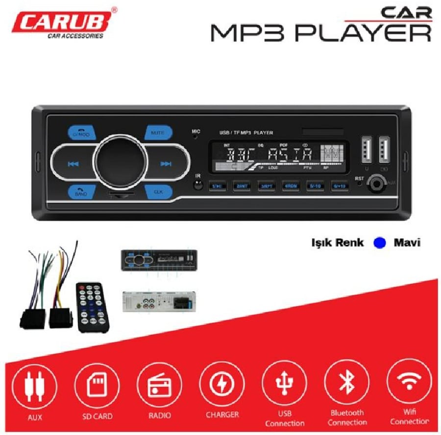 OTO TEYP RADIO MP3 SD CARD AUX USB BLUETOOTH MAVI EKRAN