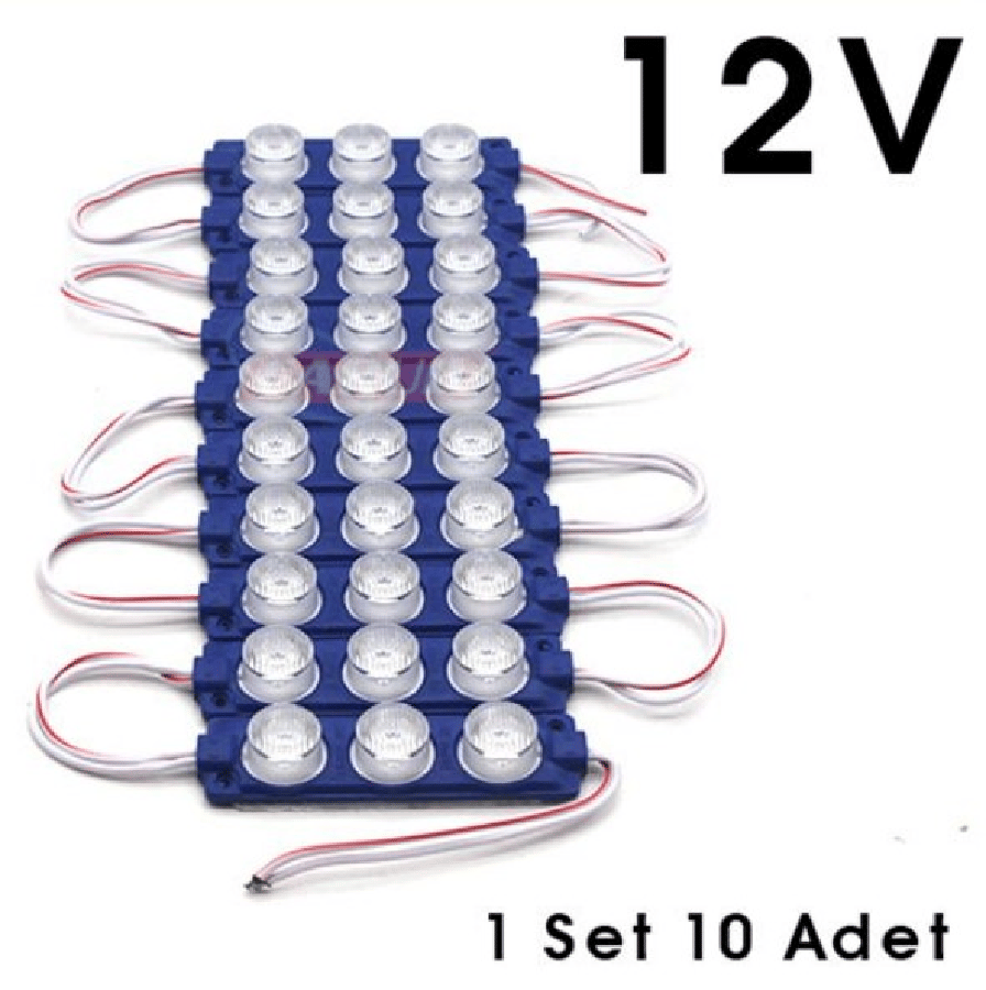 PARMAK LAMBA SETI 12V 3 LEDLI SEFFAF CAMLI MAVI ISIK (10 ADET)