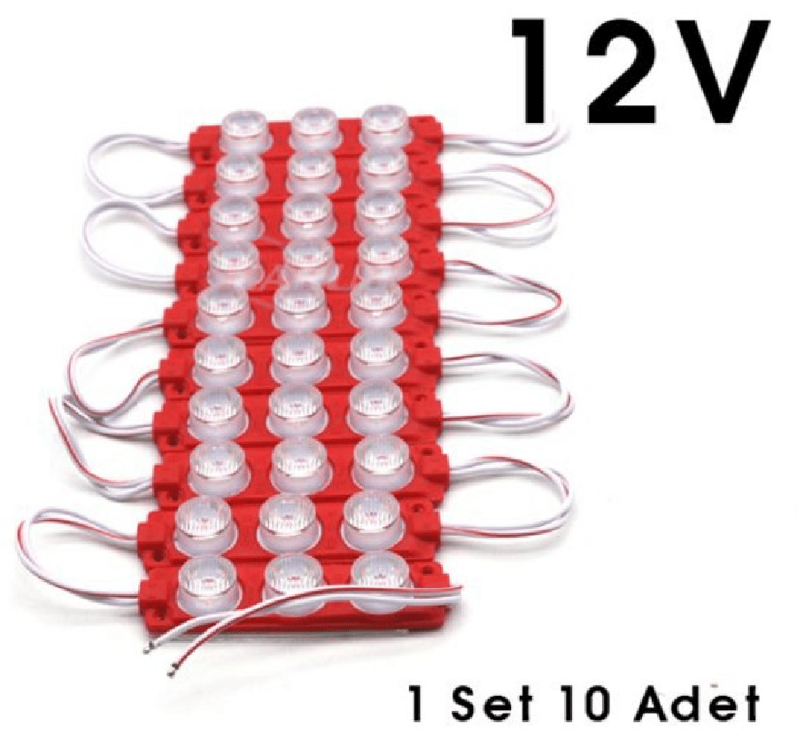 PARMAK LAMBA SETI 12V 3 LEDLI SEFFAF CAMLI KIRMIZI ISIK (10 ADET)
