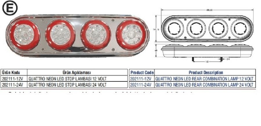 QUATTRO NEON LED STOP LAMBASI KROM GOVDELI 24V