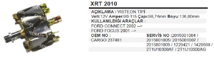 ROTOR 12V 115A VISTEON TIPI FORD CONNECT/FOCUS 2001>CAP:9874mm BOY:136mm