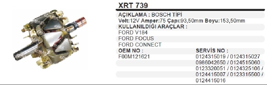 ROTOR 12V 75 >110A BOSCH TIPI  FORD TRANSIT V184 /MONDEO/CONNECT/FOCUS CAP:9350mm BOY:15350mm