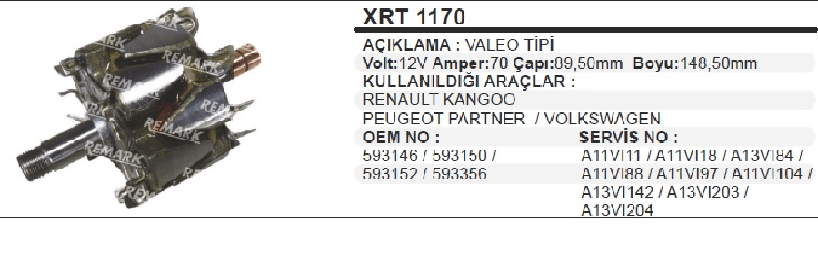 ROTOR VALEO 12V70A PARTNER/CLIO/MEGANE II KANGO/ VW ( CAPI 90mm BOYU 150mm )