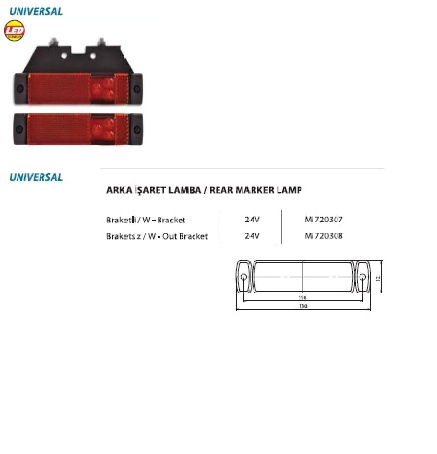 UNIVERSAL DORSE YAN ISARET LAMBA / KIRMIZI / BRAKETSIZ (M 551441) 24V