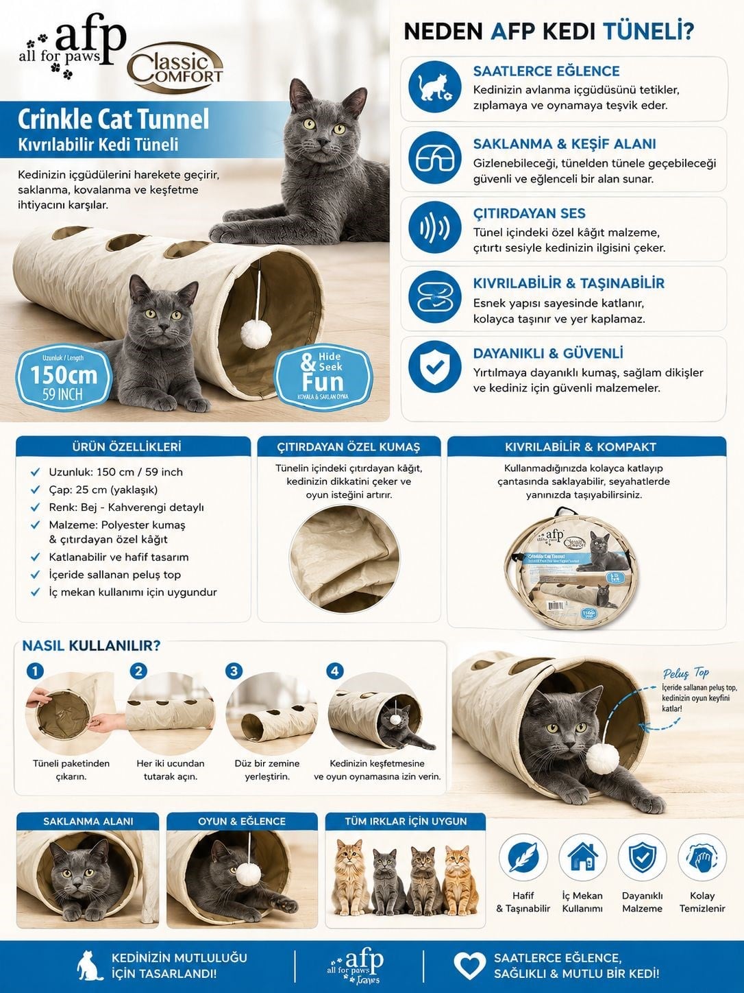 Afp Classic Comfort Kedi Tüneli Beyaz 25x25x150 cm
