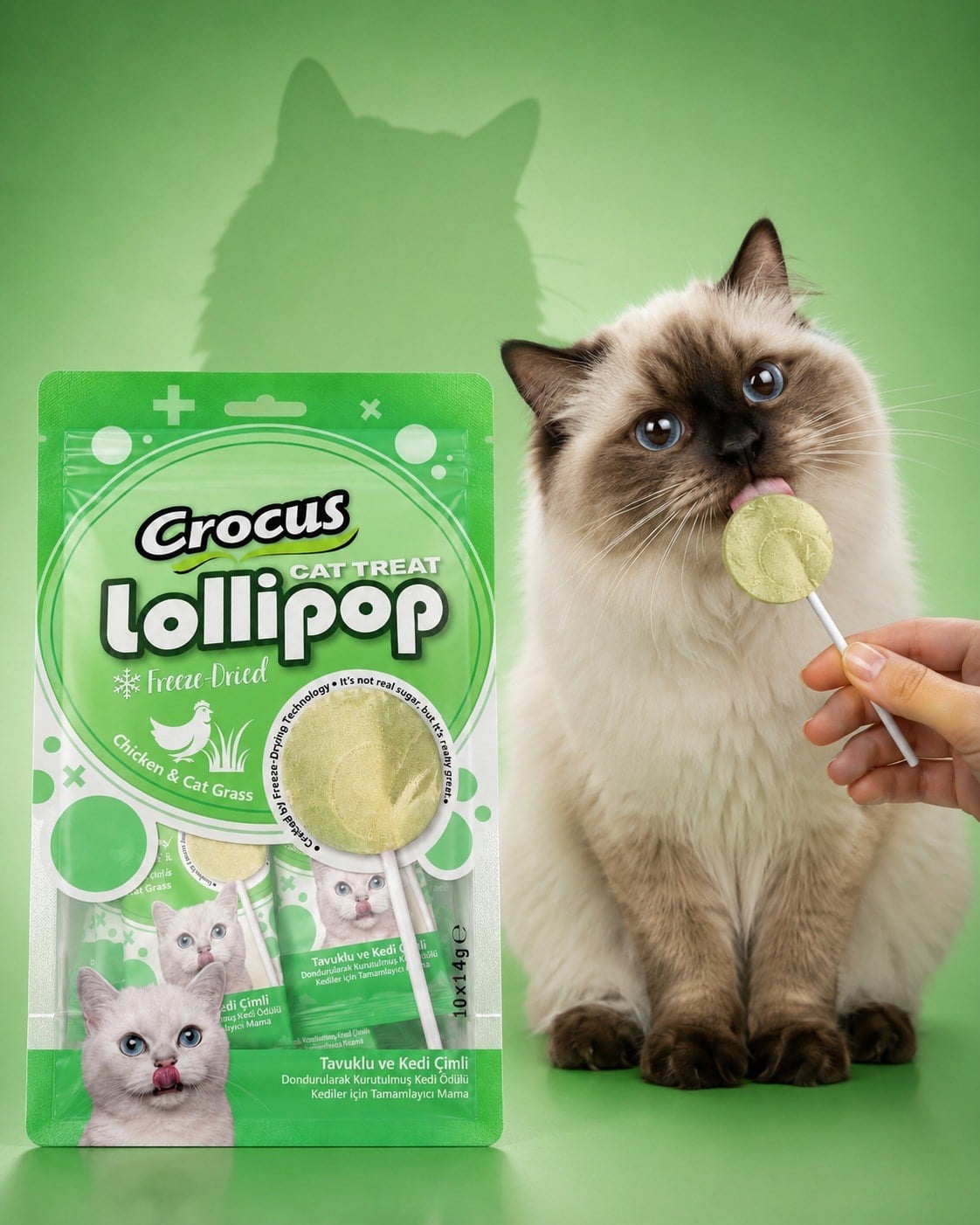 Crocus Kediler İçin Tavuklu Ve Kedi Çimli Lolipop 10x1,4 gram – Ödül ve Atıştırmalık