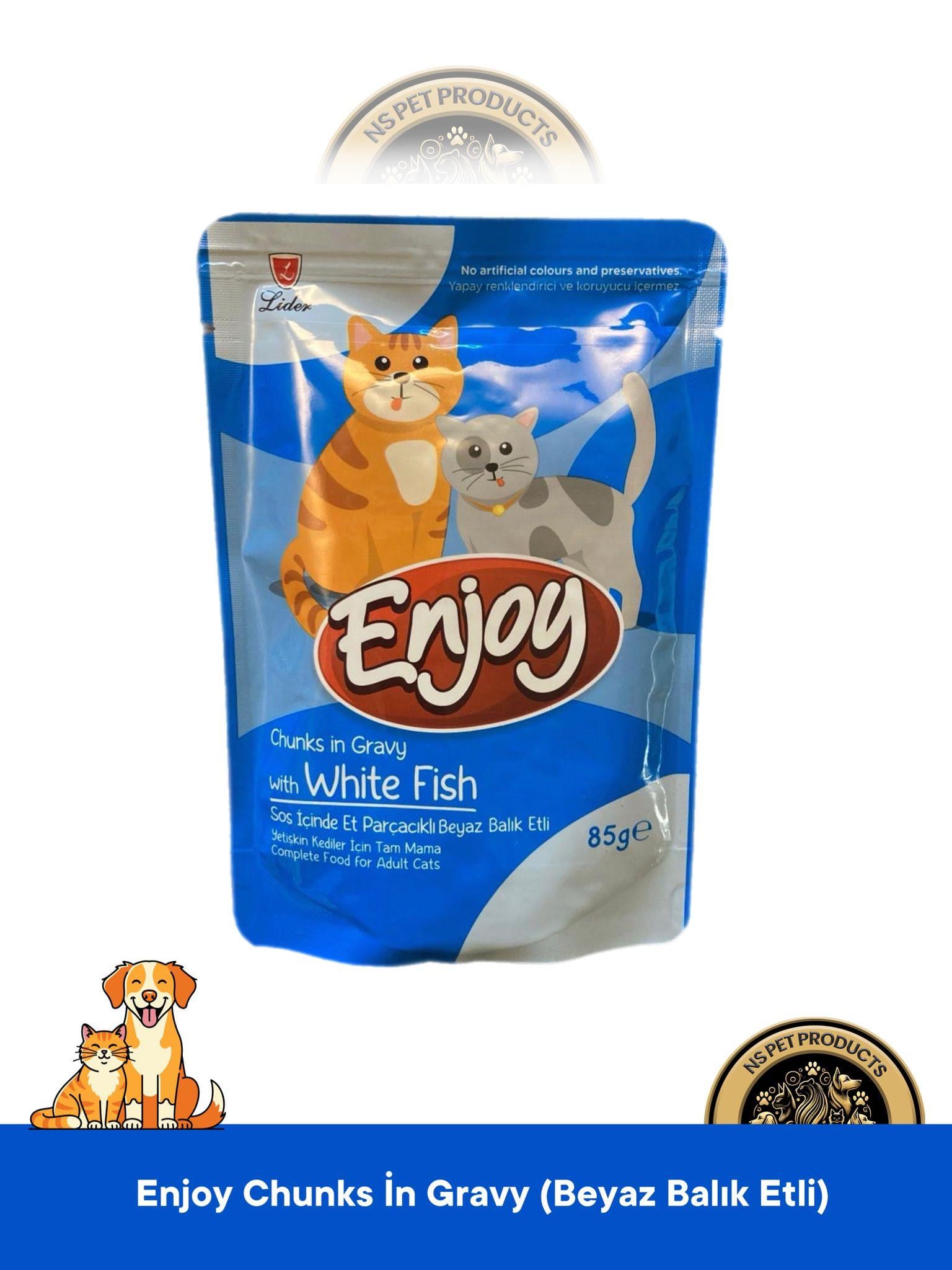 Enjoy Pouch Sos İçinde Et Parçacıklı Beyaz Balıklı Yaş Kedi Maması 85 gr