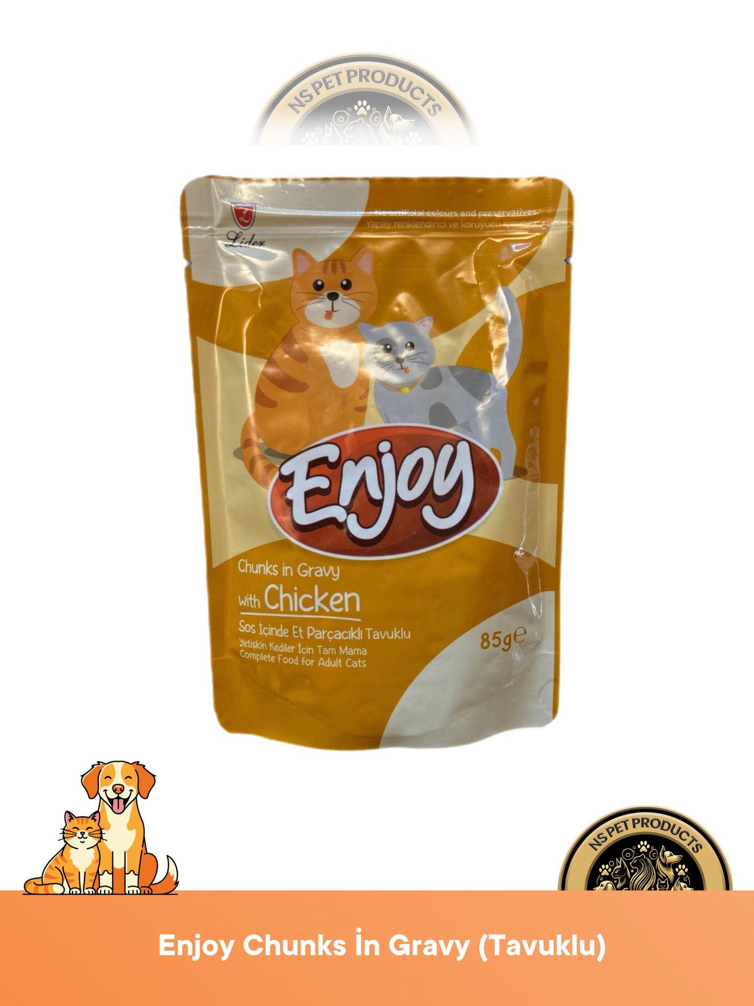 Enjoy Pouch Sos İçinde Et Parçacıklı Kuzu Etli/ Tavuklu/ Beyaz Balıklı Yaş Kedi Maması 3x85 gr