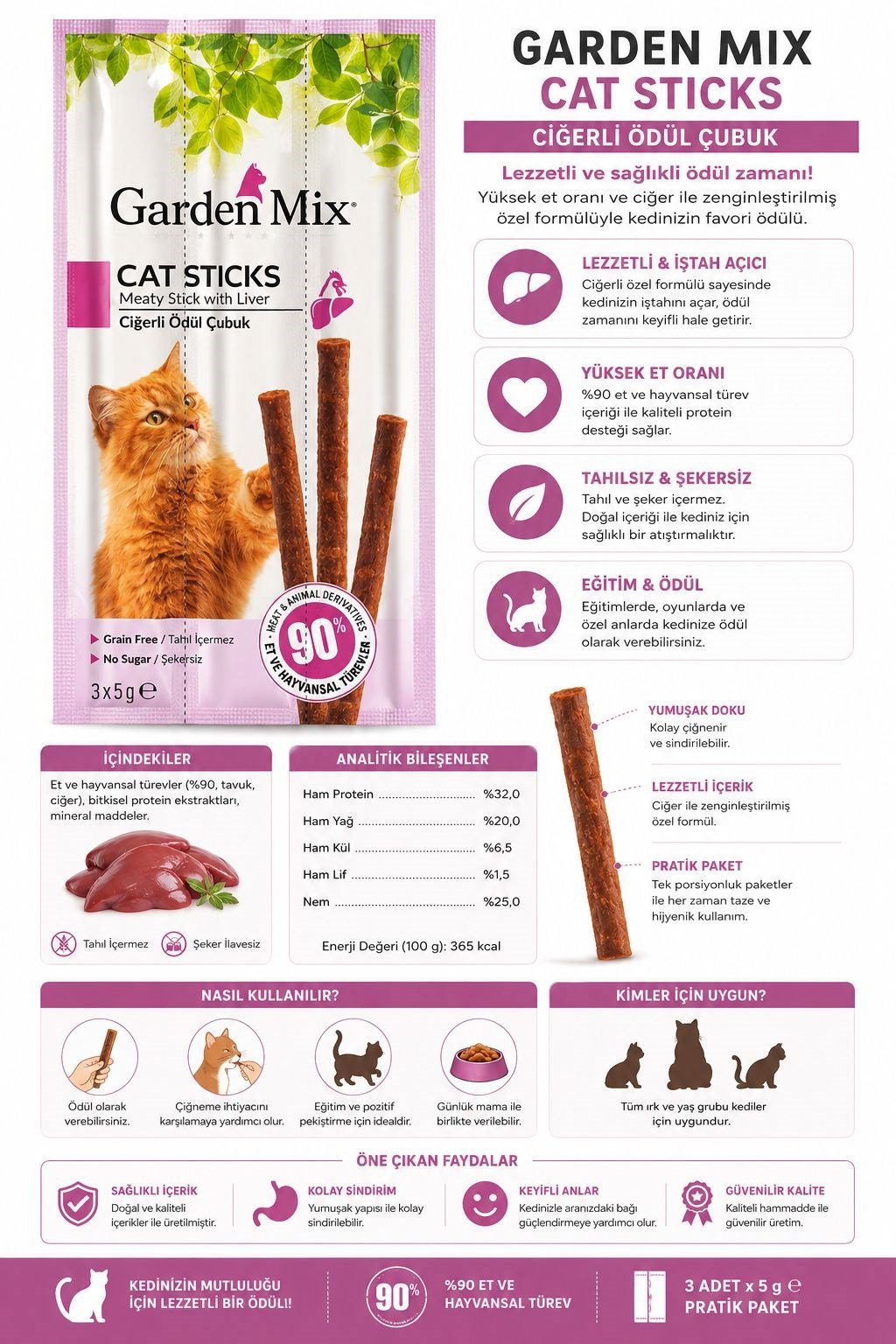 Garden Mix Ciğerli Ödül Çubuk - Kedi Stick Ödül Maması 3x5 gr