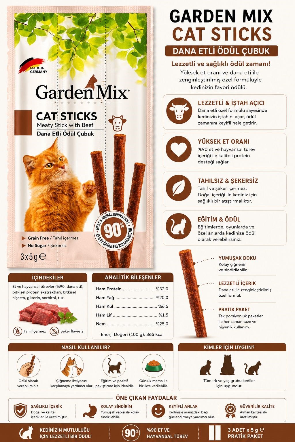Garden Mix Dana Etli Ödül Çubuk - Kedi Stick Ödül Maması 3x5 gr