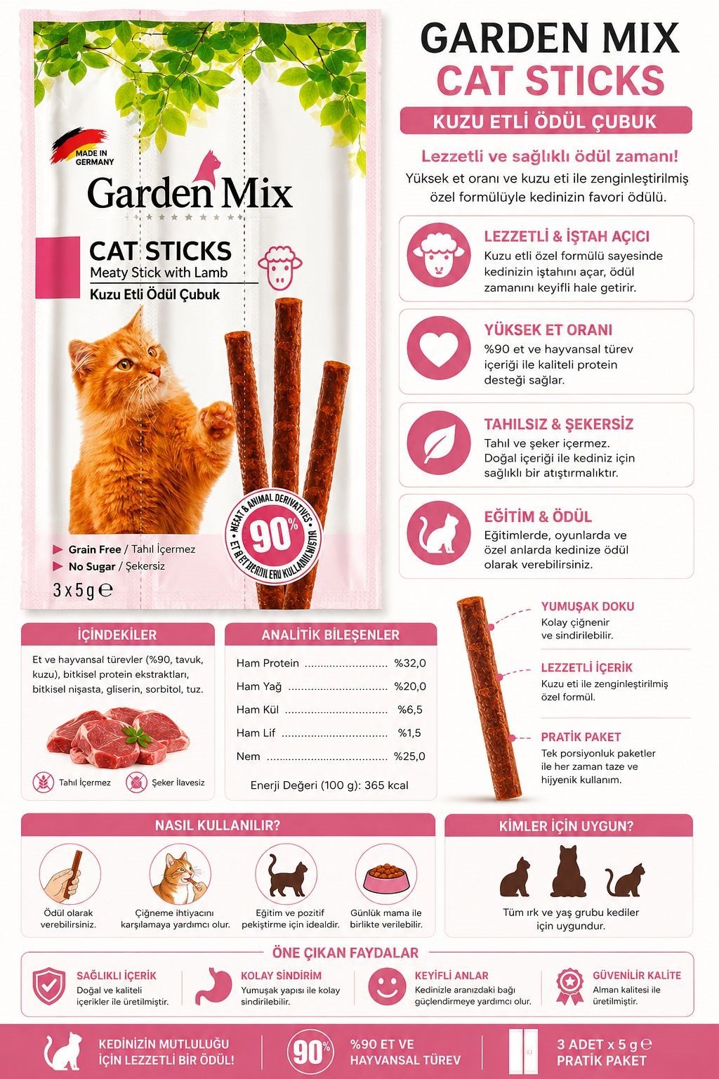 Garden Mix Kuzu Etli Ödül Çubuk - Kedi Stick Ödül Maması 3x5 gr