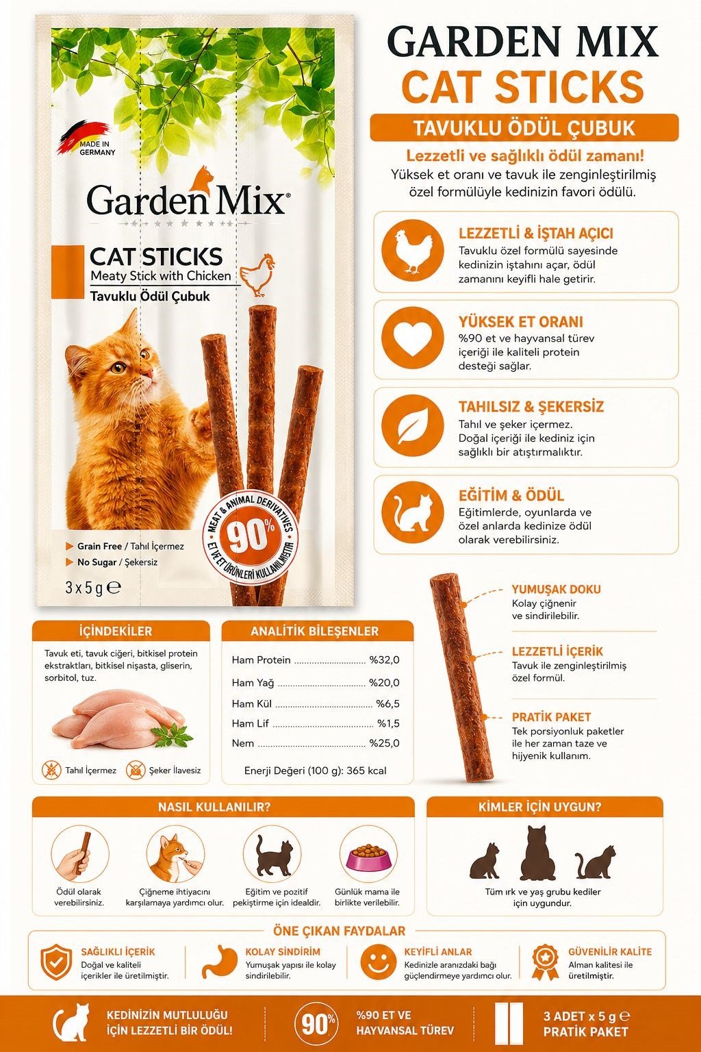 Garden Mix Tavuklu Ödül Çubuk - Kedi Stick Ödül Maması 3x5 gr