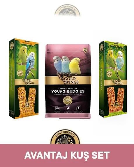 Gold Wings Premium Ballı Muhabbet Kuşu Krakeri 2'li & Gold Wings Premium Yavru Muhabbet Kuşu Yemi 1 kg & Gold Wings Meyveli Muhabbet Kuşu Krakeri 2'li x 2 – Muhabbet Kuşu Beslenme Seti (Yem + Kraker)