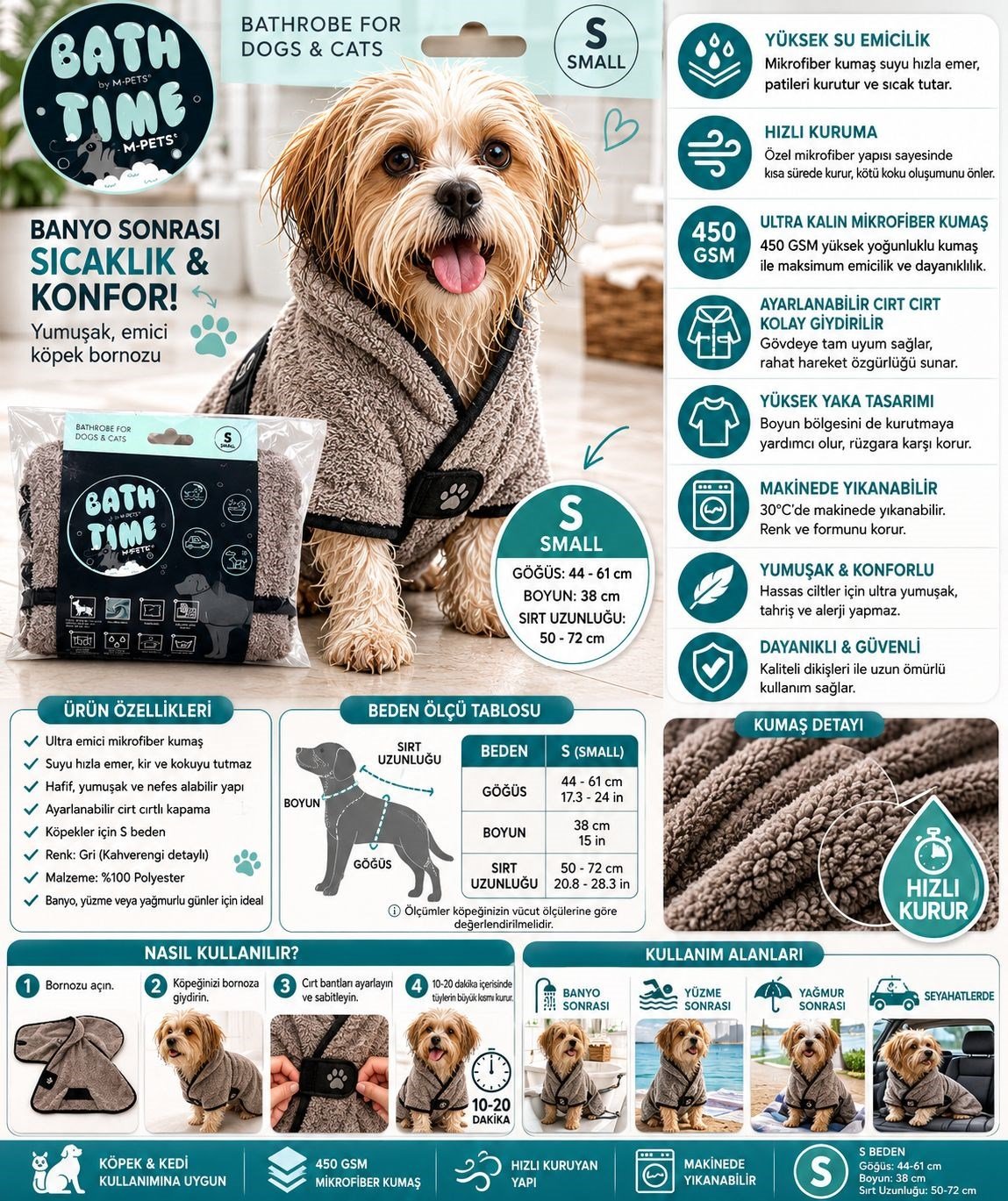 M-Pets Bath Time Köpekler İçin Bornoz Small