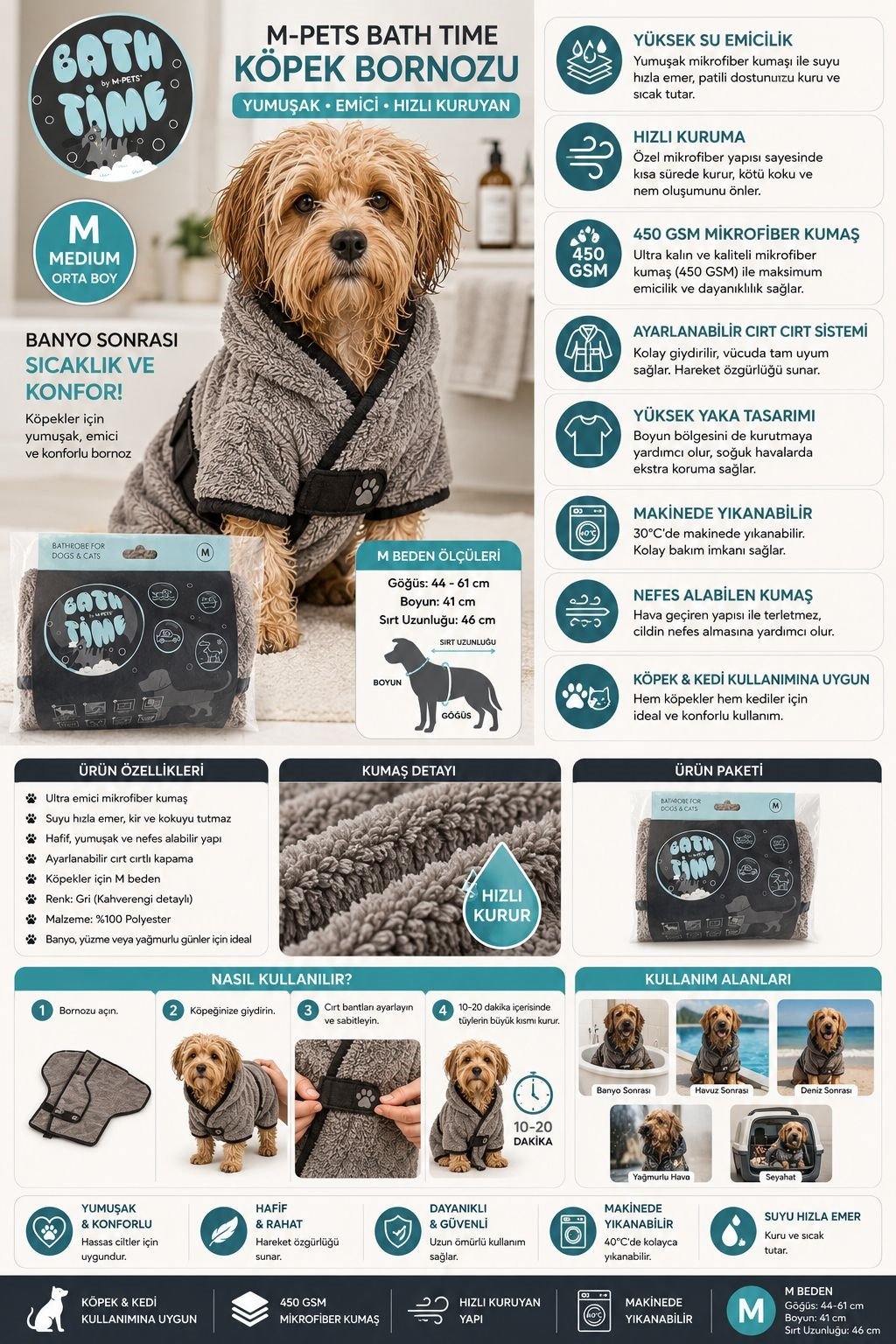 M-Pets Bath Time Köpekler İçin Bornoz Medium